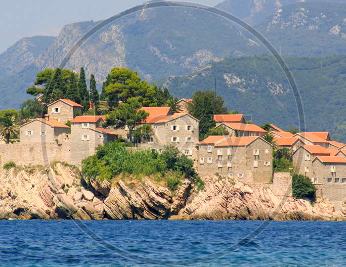 Sveti Stefan island detail of buildings, Montenegro