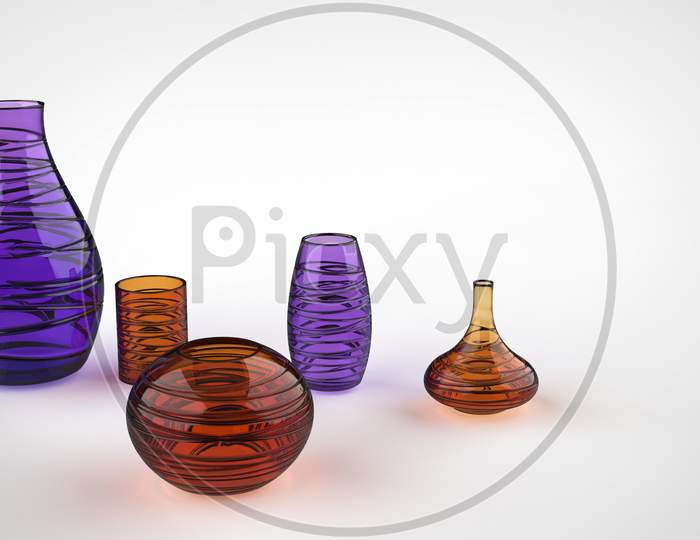 3D Render Of Different Shaped Glass Material Flower Vases In White Background With Space For Text.
