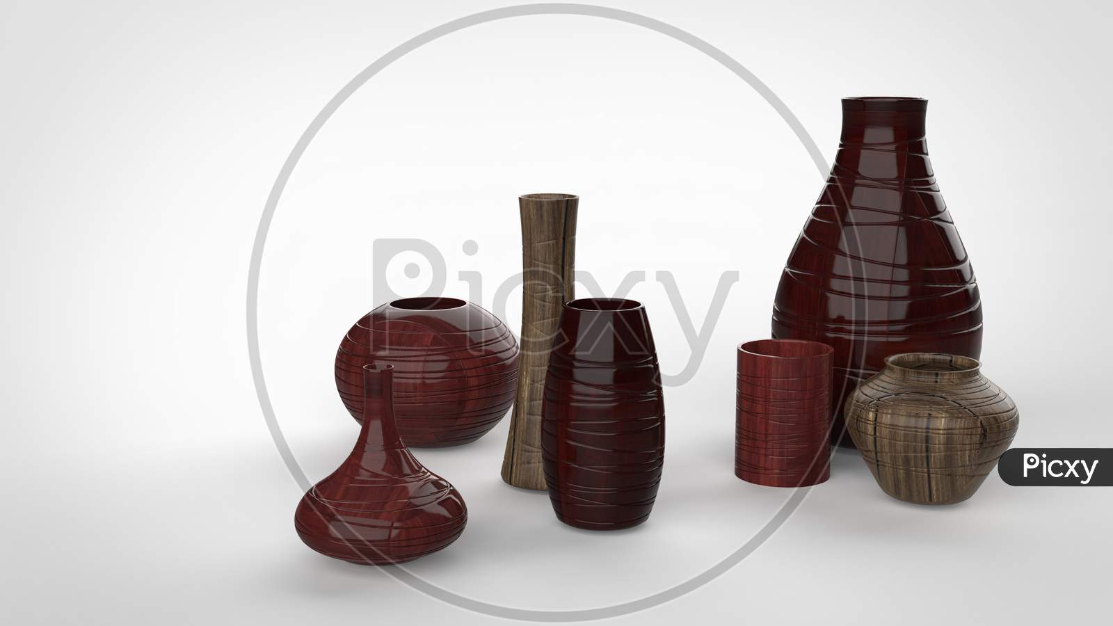 3D Render Of Different Shaped Glossy Polished Wooden Material Flower Vases In White Background With Space For Text