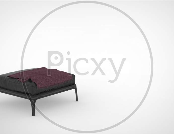 3D Render Of A Metallic Quadruped Sitting Stool With Leather Matttress And A Cloth On Top And Space For Text.