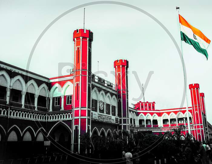 new delhi railway station and indian flag
