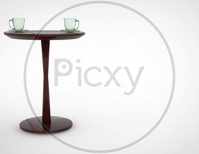 3D Render Of A Wooden Table With Two Set Of Glass Tea Cup And Plate On Top