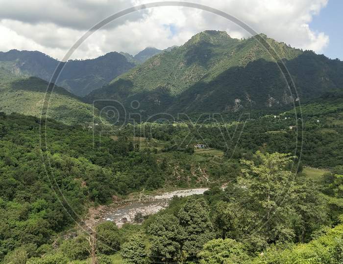 Mountains landscape with coluds and river