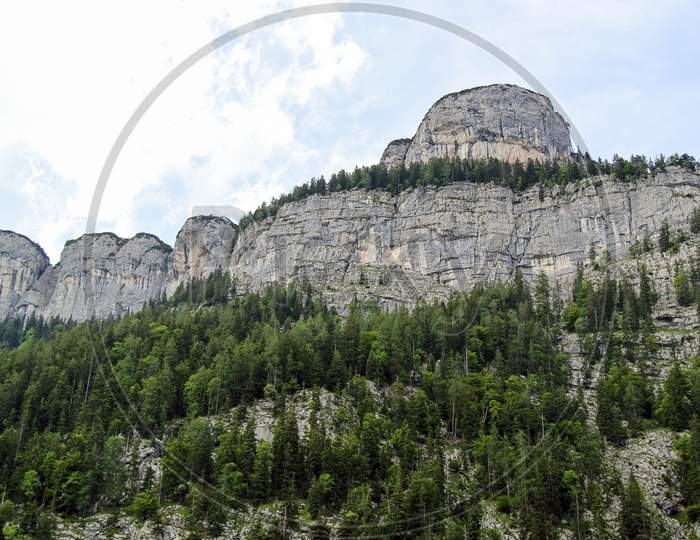 Steep Mountain Peak With Forest And Rocks