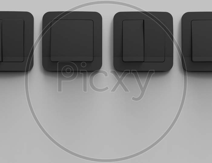 3D Render Of Black Plastic Switches Panel On A Gray Wall