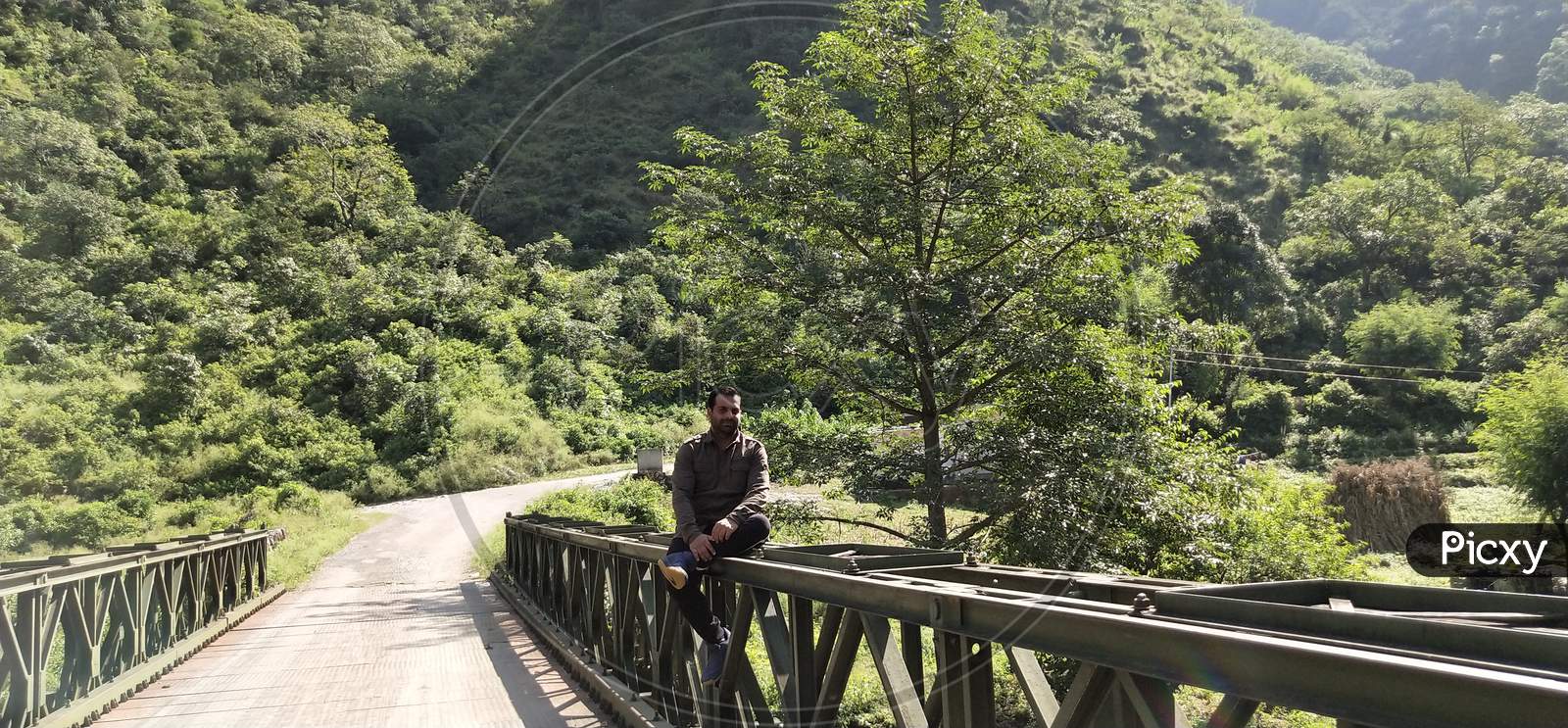 Man sitting on bridge with greenery