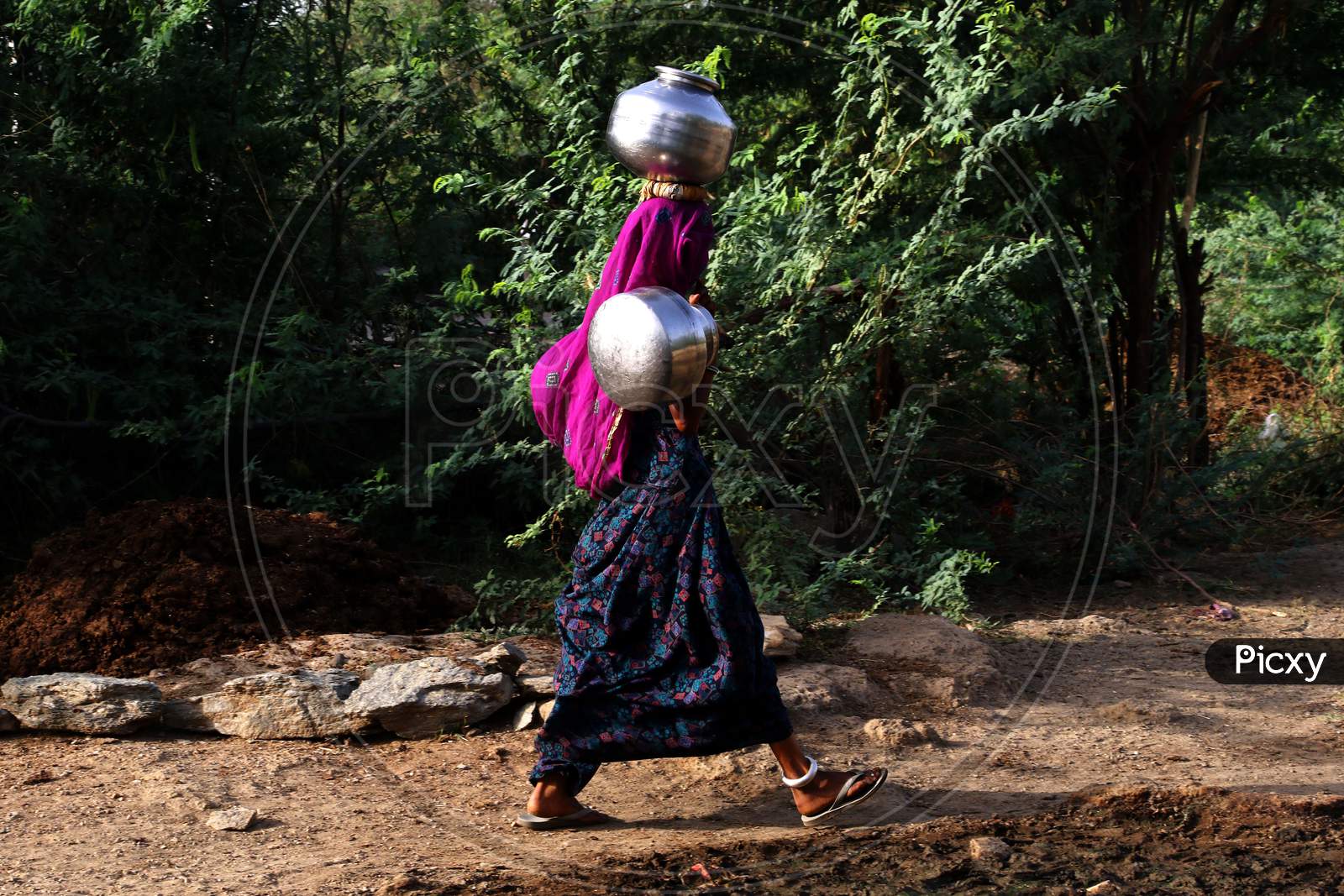 A Rajasthani Village Woman Collects Drinking Water During Hot Summer Day On The Outskirts Of Ajmer, In The Indian State Of Rajasthan On May 29, 2020.
