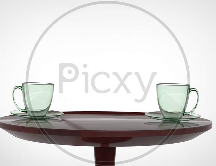 3D Render Of A Wooden Table With Two Set Of Glass Tea Cup And Plate On Top