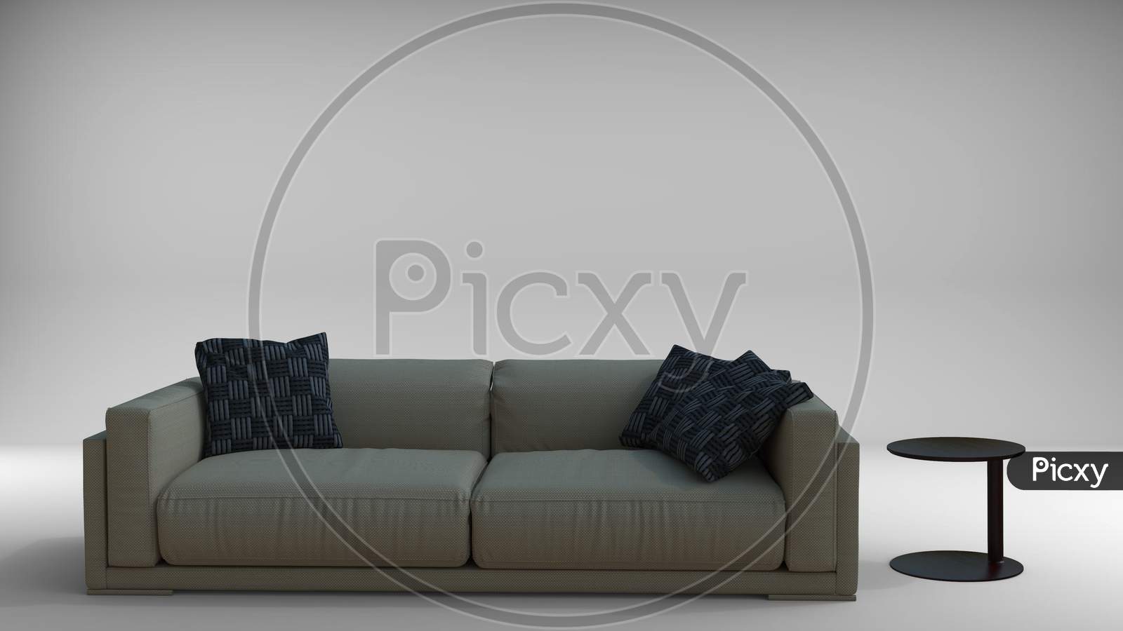 3D Render Of Couch Sofa Set With Cushions With Side Table. Concept Furniture For Interior Decoration