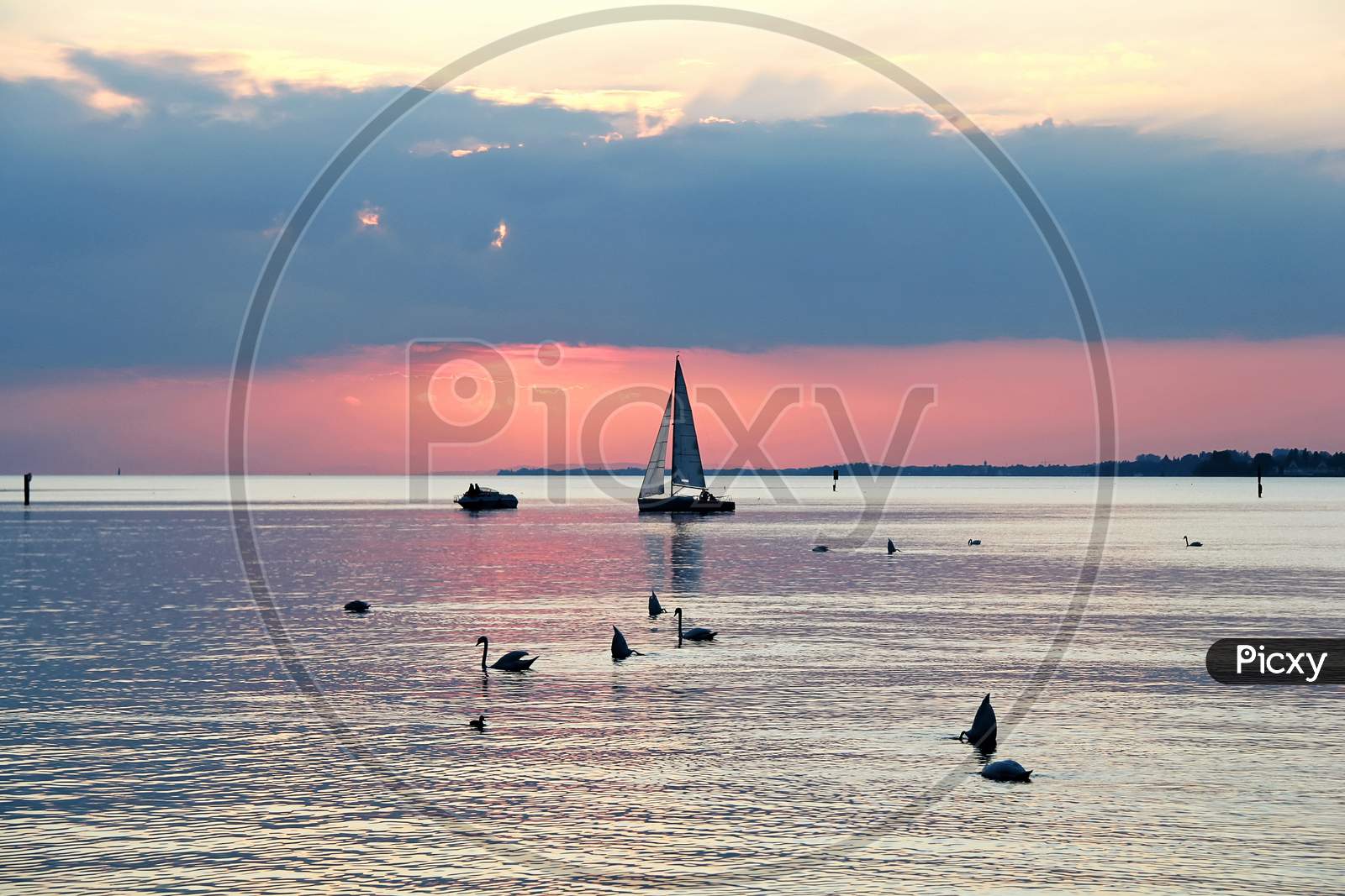 Beautiful Colorful Sunset At The Lake With Boats And Swans