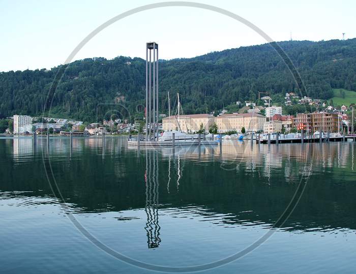 Port Harbour In Bregenz, Austria Reflecting In The Water