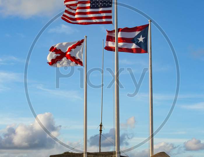 Puerto Rico, American And Cross Of Burgundy Flags