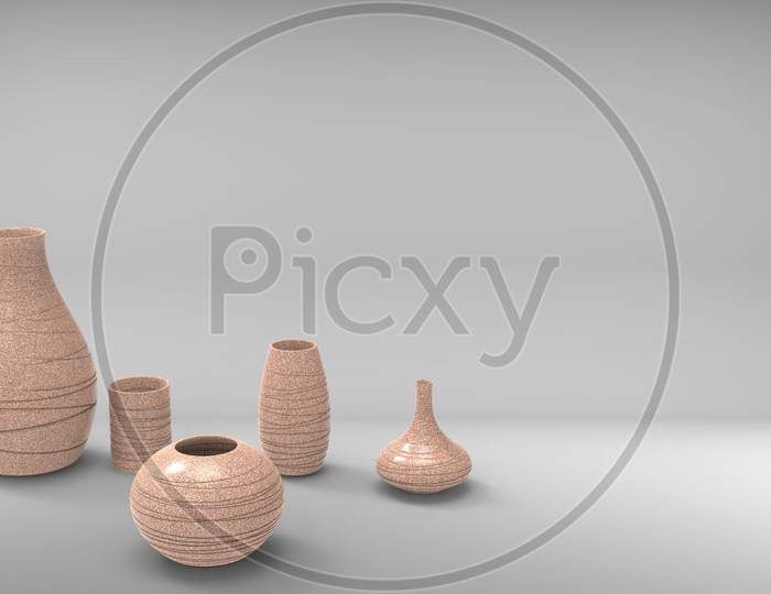 3D Render Of Different Shaped Matt Granite Material Flower Vases In White Background With Space For Text
