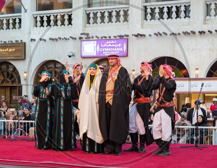 Traditional Arabic folklore dance  from Jordan in Souk Waqif spring festival, Doha Qatar