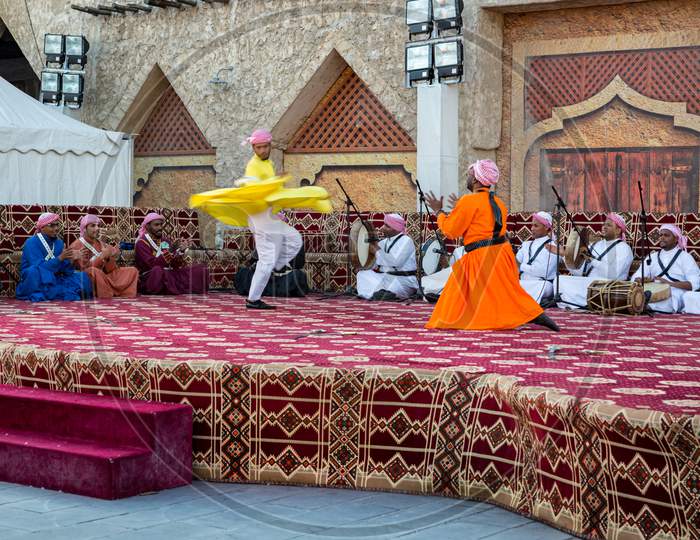Traditional Arabic folklore dance in Souk Waqif spring festival, Doha Qatar