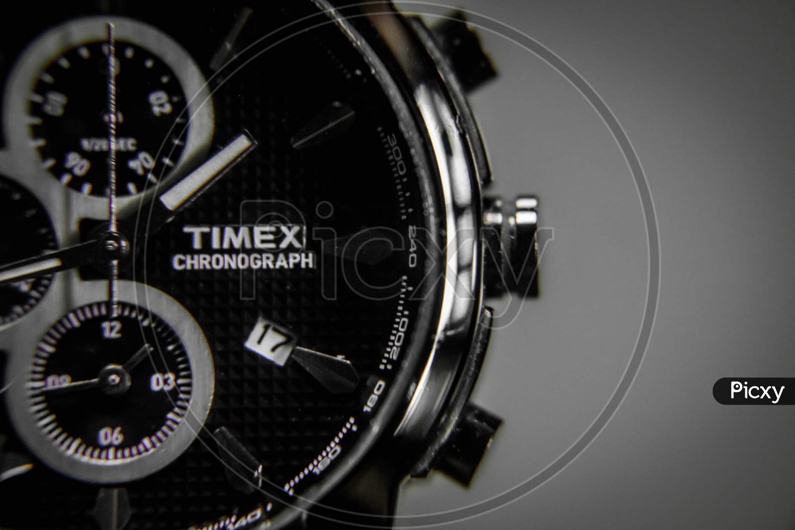 Kolkata, West Bengal, India - February 2020: Macro photography of wrist watch, Timex chronograph watch, close up shot of watch.