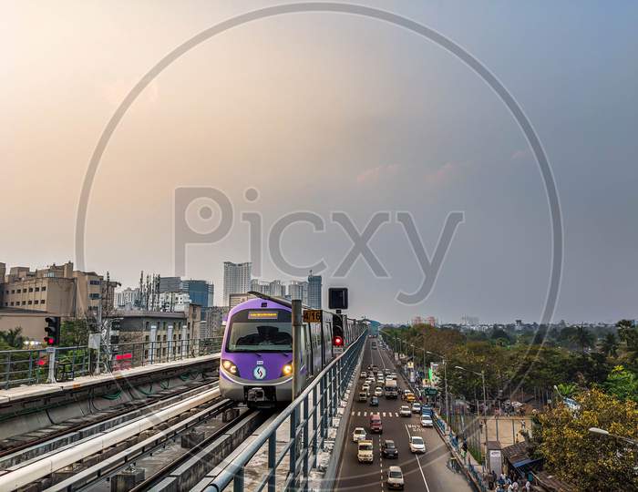 Kolkata, West Bengal, India - February 2020: East west metro route in kolkata, New metro rail station in kolkata India, Empty railway station in city, Landscape view  of rail track