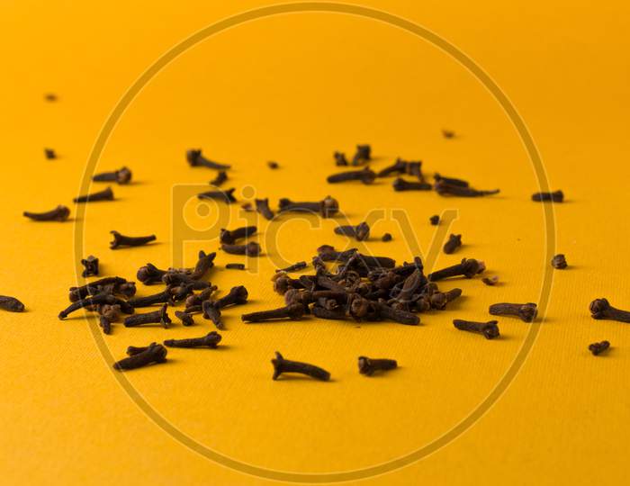 Dried Clove / indian spice laung isolated stock photo with yellow background.