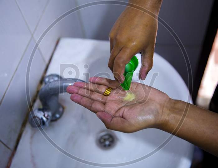 Closeup Of Liquid Soap With Pumping For Wash Hands To Prevent Getting Sick And Flu