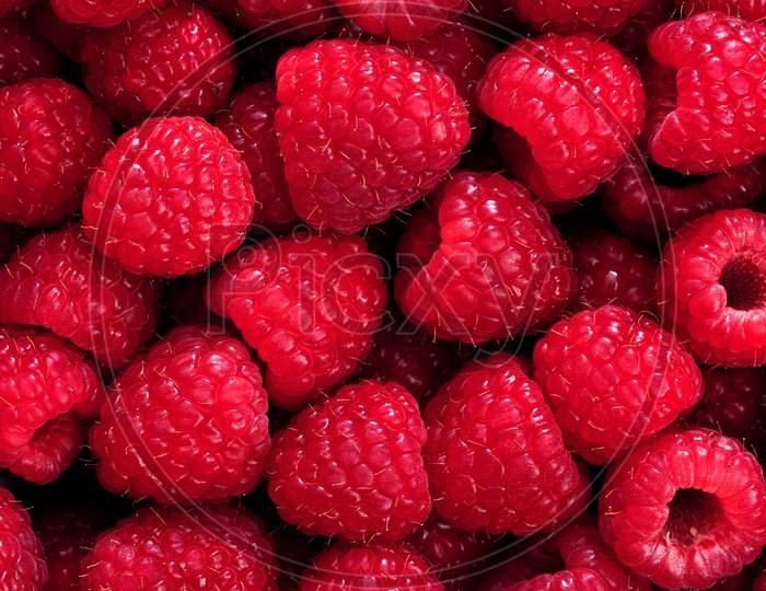 Beautiful Photo Of Ripe And Tasty Raspberries. Macro Shot Of Raspberries. 