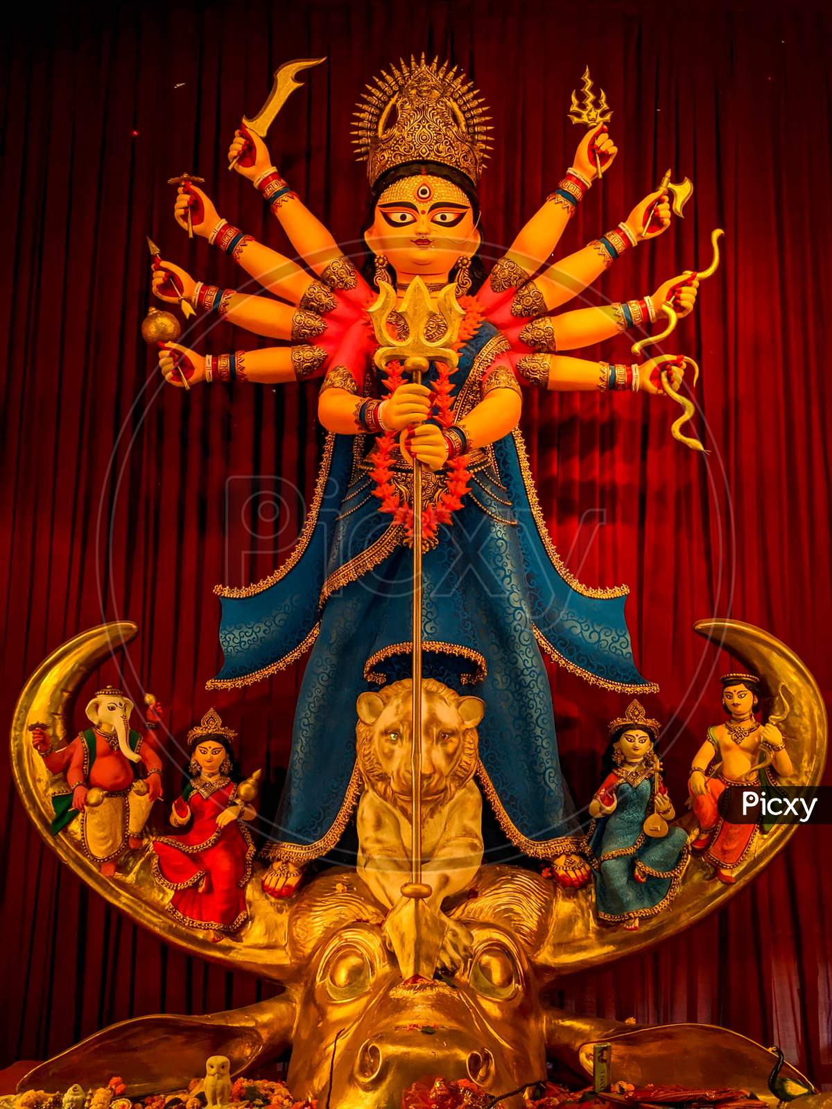 Durga puja, A biggest festival in India, Variety of Durga idols, decoration of Kolkata durga puja. front face of durga