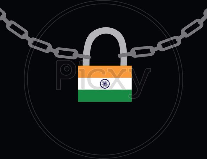 Entire India Locked Corona Virus Illustration, Emergency Situation. Outbreaks Restriction Concept Lock Against Black Background, Copy Space To Write Text.