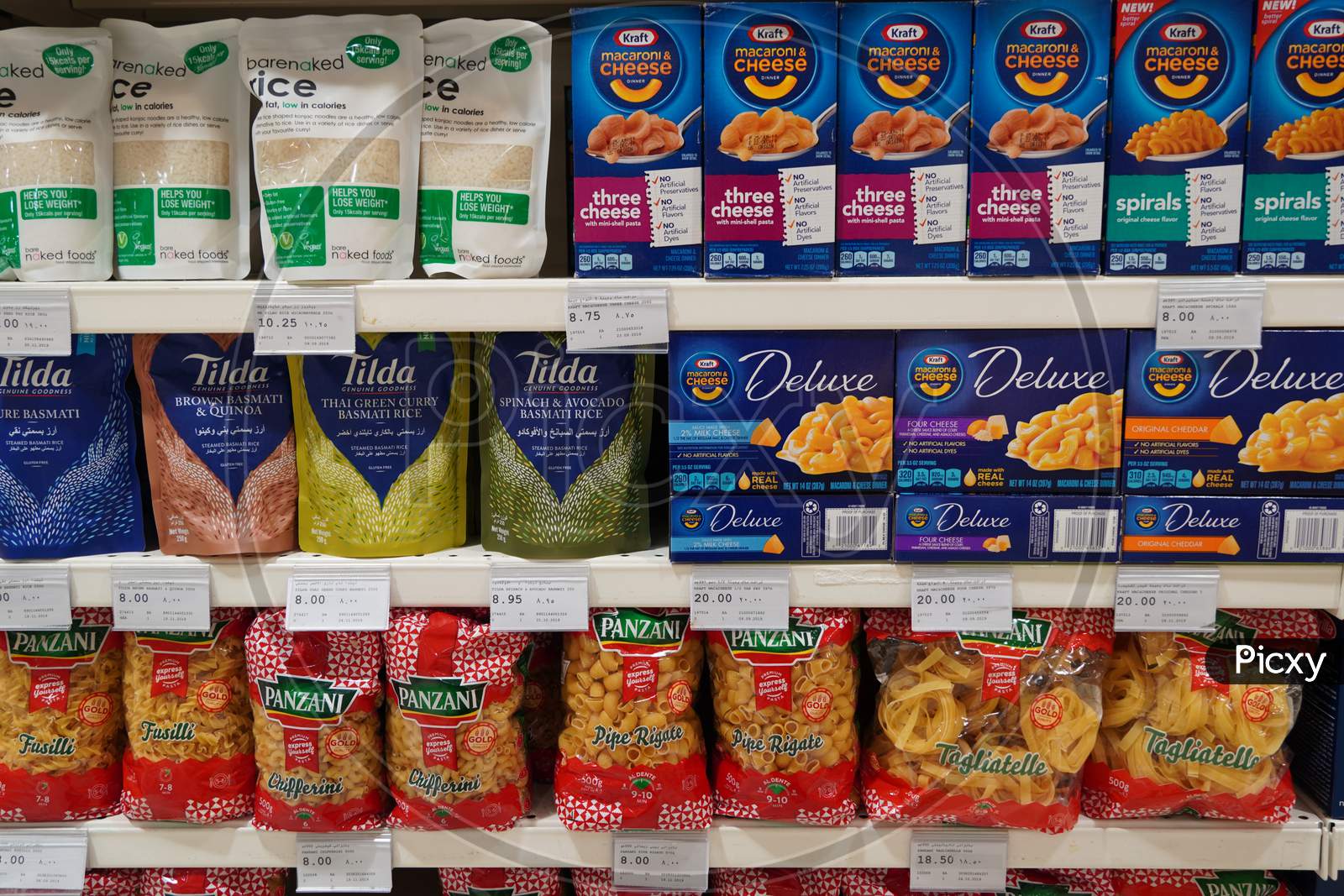 Dubai Uae December 2019 - Selection Of Italian Pasta On The Shelves In A Supermarket. Pasta Aisle With Shelves In A Supermarket. 