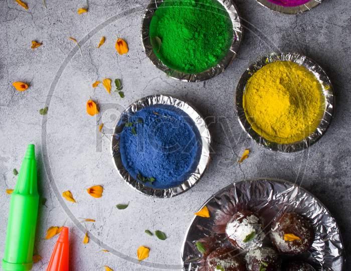 Different colours for holi festival stock images.