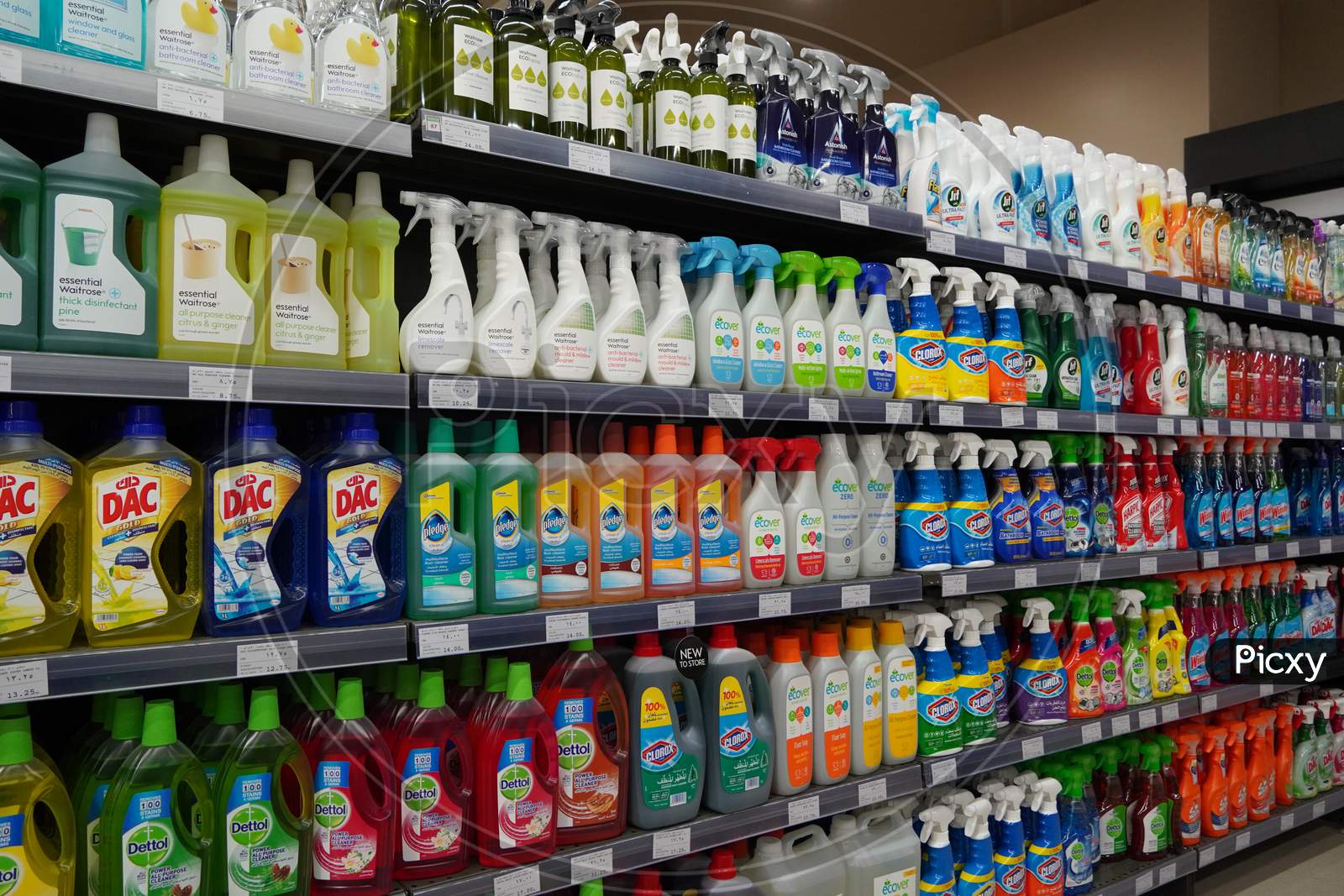 Cleaning Supplies, Sprays, Liquids Cleaning Detergents For Sale On Supermarket Stand. Bottles With Cleaning Products For Cleaning House Of Various Manufacturers On Shelves. India