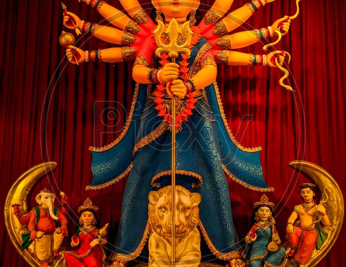 Durga puja, A biggest festival in India, Variety of Durga idols, decoration of Kolkata durga puja. front face of durga