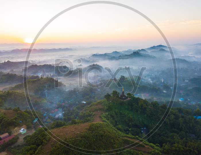 A sunrise view from a hill station in Mandalay, Myanmar.