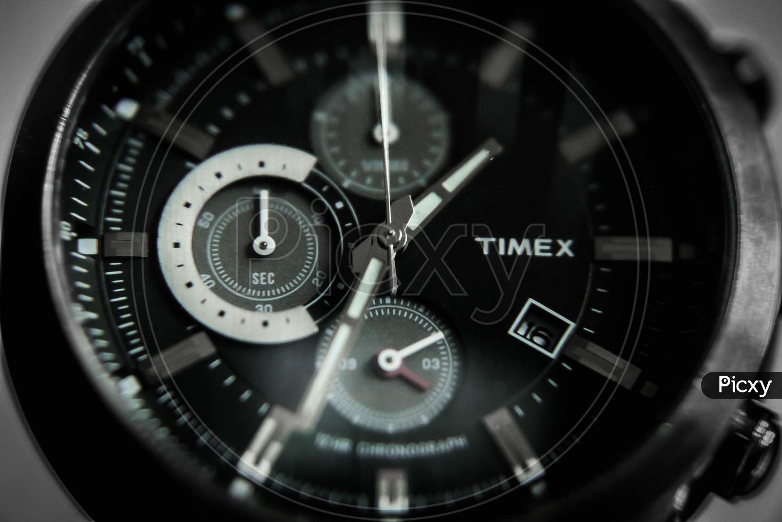 Kolkata, West Bengal, India - February 2020: Macro photography of wrist watch, Timex chronograph watch, close up shot of watch, selective focus on watch dials.