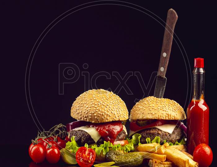 Hamburger Meal Served With French Fries And Soda Close-Up. Fast Food & Barbecue Collection.
