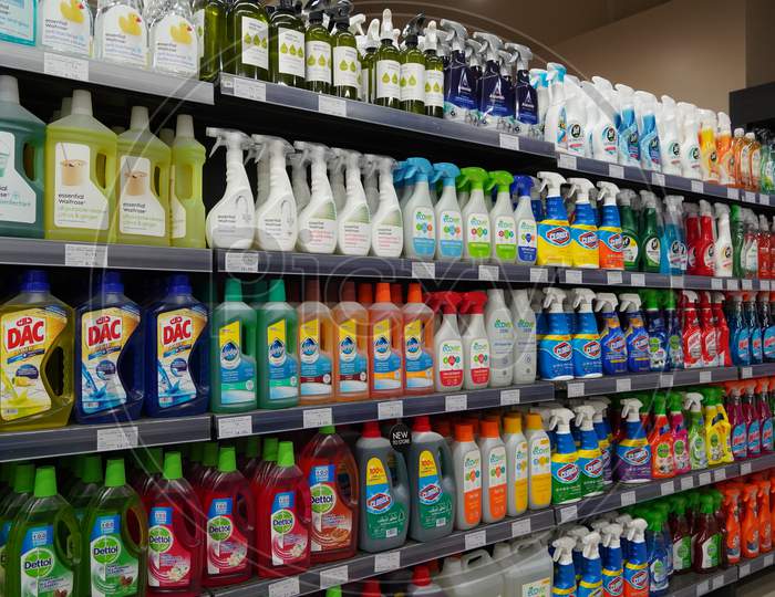 Cleaning Supplies, Sprays, Liquids Cleaning Detergents For Sale On Supermarket Stand. Bottles With Cleaning Products For Cleaning House Of Various Manufacturers On Shelves. India