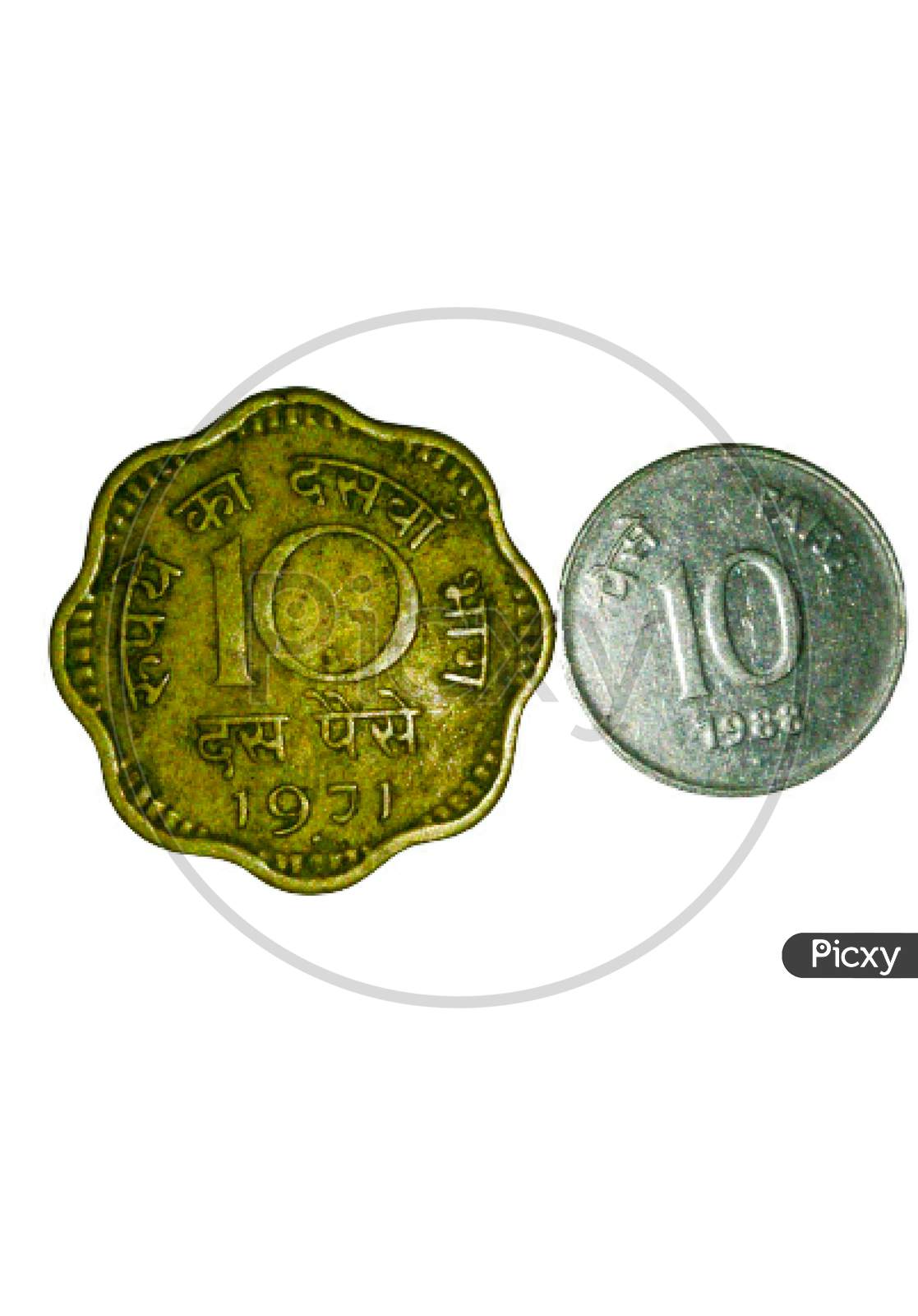 A picture of coins of 10 paise