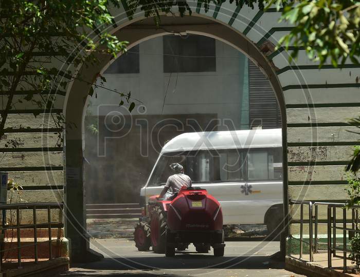 A health worker sprays disinfectants at Rajiv Gandhi Government General Hospital during a government-imposed nationwide lockdown as a preventive measure against the spread of COVID-19 or Coronavirus, in Chennai, Sunday, May 3, 2020.