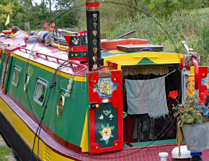 Closeup Of A Highly Decorated Barge On The Grand Union Canal At Lapworth In Warwickshire, England