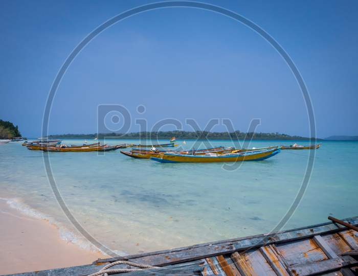 Boats on the Vijaynagar beach, Havelock island, Andamans, India