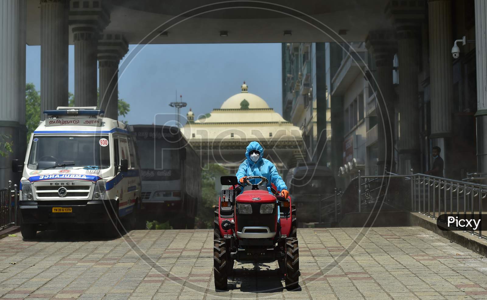 A health worker sprays disinfectants at Rajiv Gandhi Government General Hospital during a government-imposed nationwide lockdown as a preventive measure against the spread of COVID-19 or Coronavirus, in Chennai, Sunday, May 3, 2020.