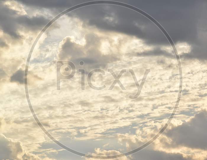 Dramatic Sunrise And Rainy Storm Sky With Dark Cloud.Abstract Nature Background.April 2020.