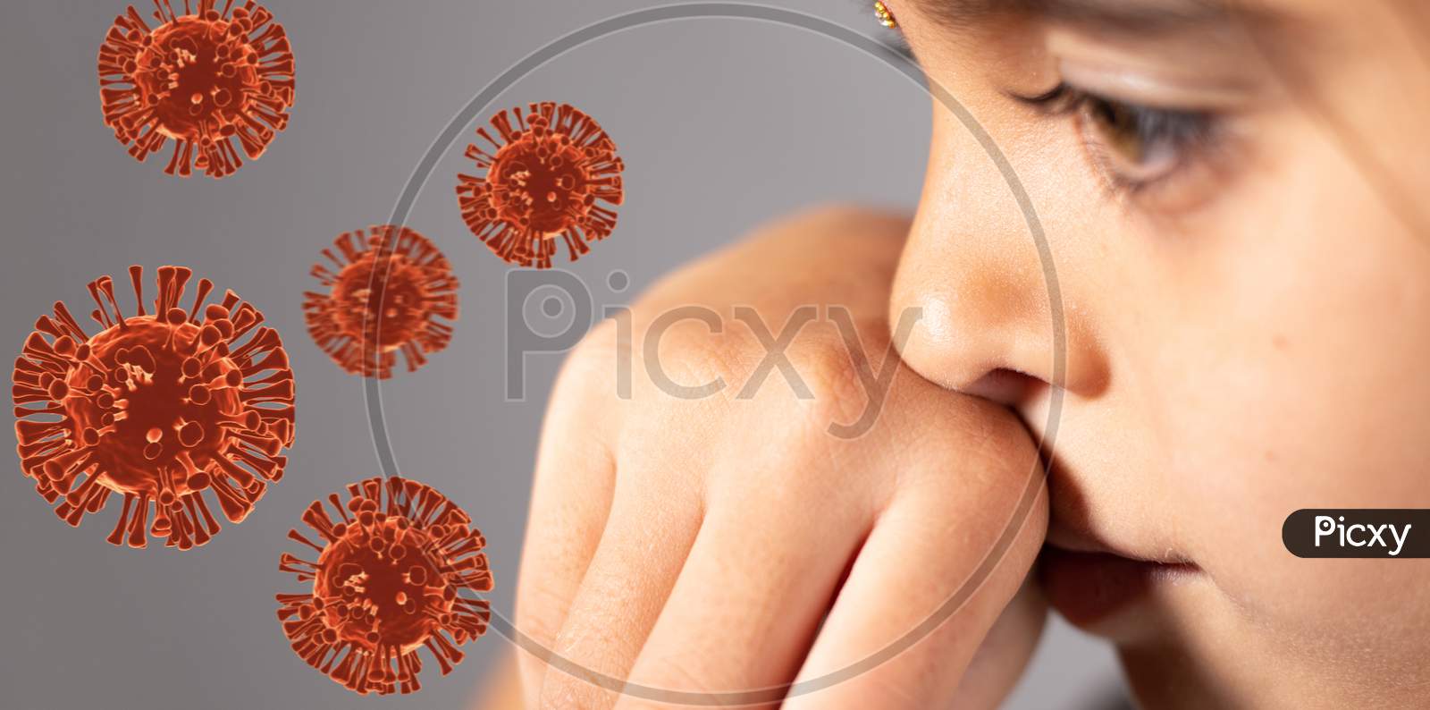 Extreme Close Up Of Child Touch'S Her Nose - Concept Showing To Prevent And Avoid Touching Your Nose. Protect From Covid-19 Or Coronavirus Spreading Or Outbreak - With 3D Rendered Virus