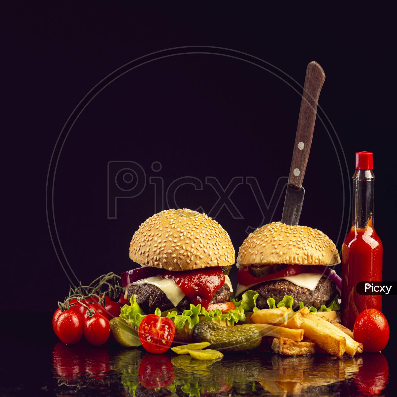 Hamburger Meal Served With French Fries And Soda Close-Up. Fast Food & Barbecue Collection.