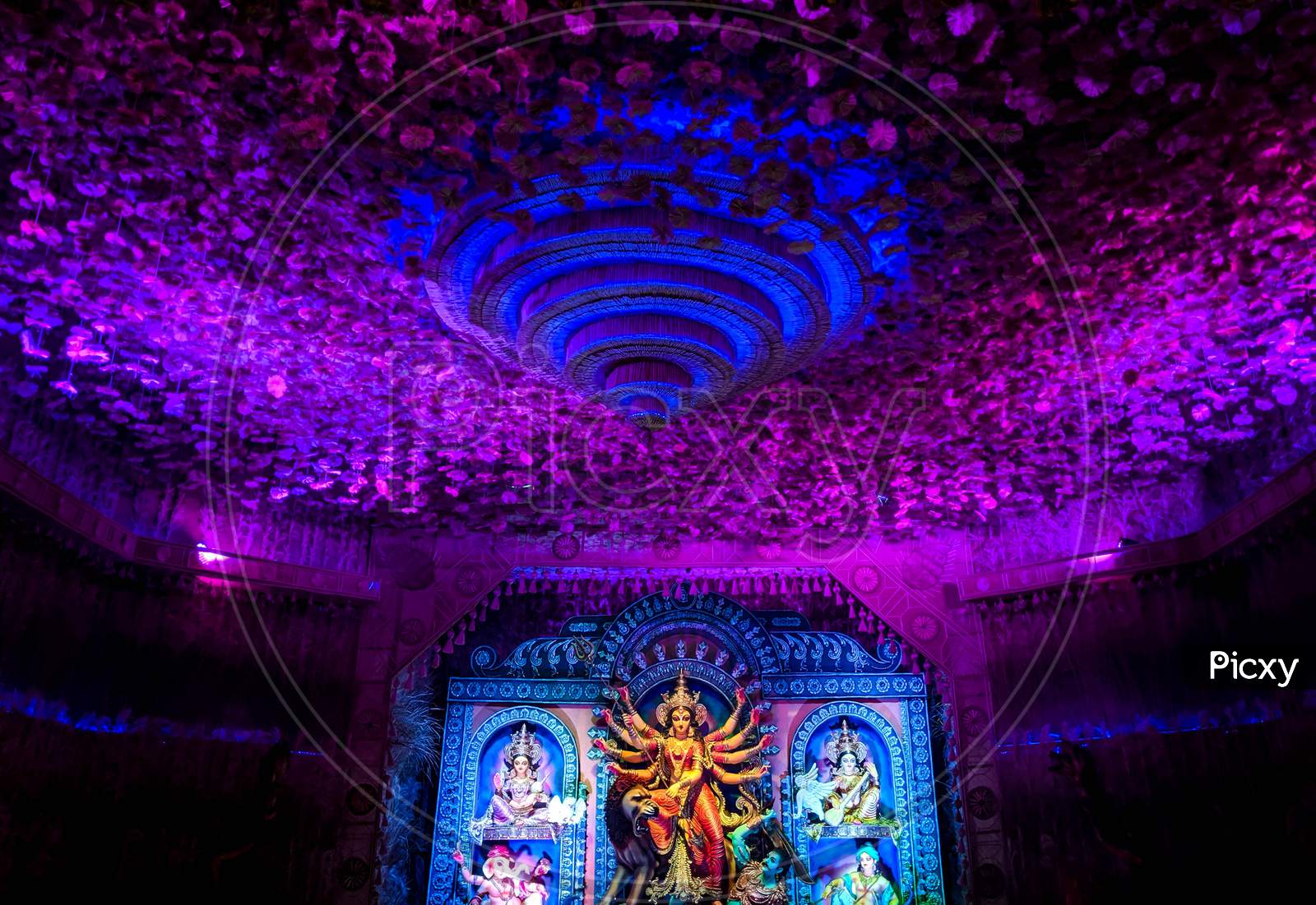 Beauty of durga, decoration of Kolkata durga puja. front face of durga, Festival lights at night