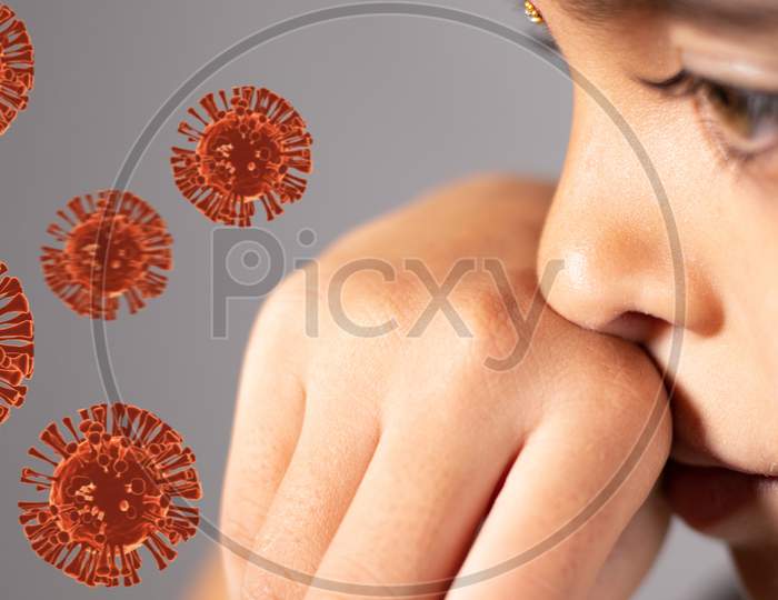 Extreme Close Up Of Child Touch'S Her Nose - Concept Showing To Prevent And Avoid Touching Your Nose. Protect From Covid-19 Or Coronavirus Spreading Or Outbreak - With 3D Rendered Virus