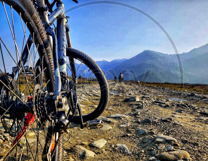 close up Mountain Bicycle with beautiful Background