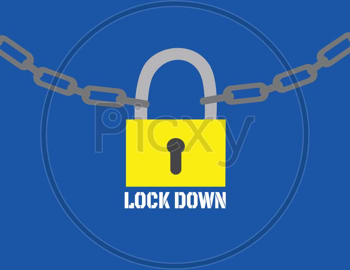 Corona Virus Lock Down Illustration. Entire Country Locked Emergency Situation. Outbreaks Restriction Concept Lock Against Blue Background, Copy Space To Write Text.