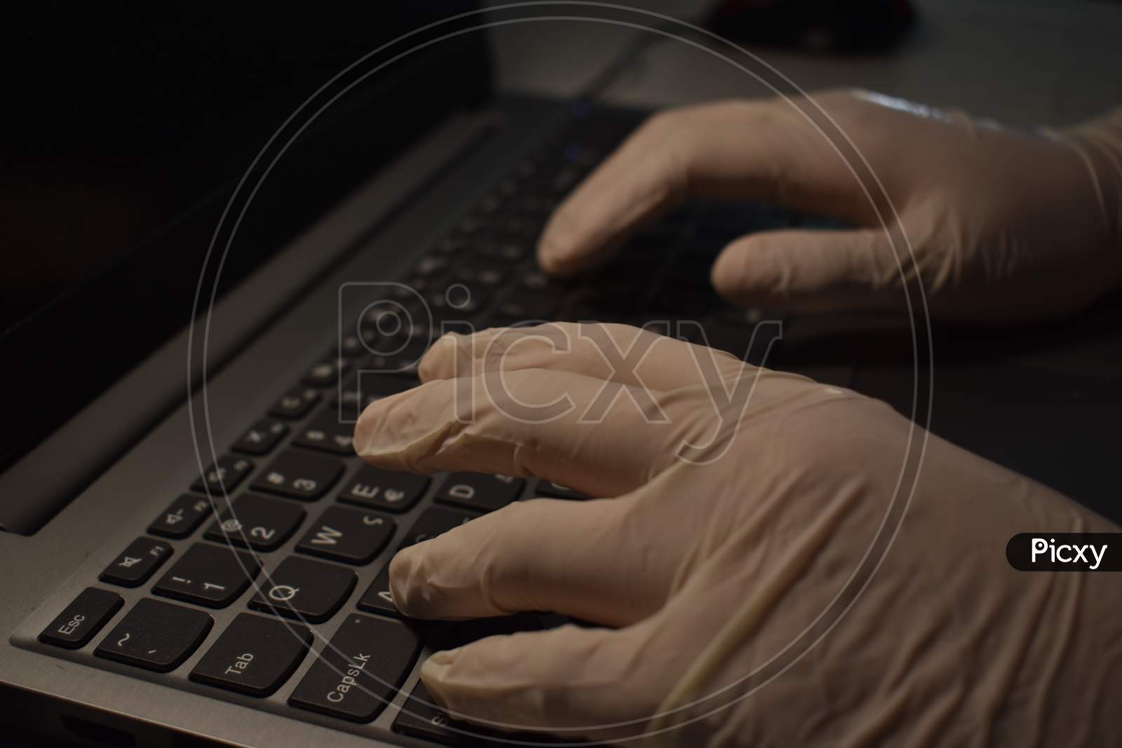 Hands in medical gloves on laptop