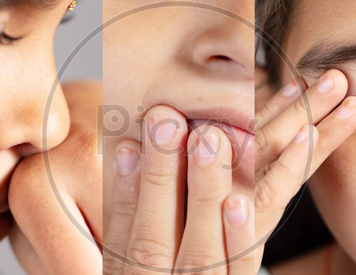 Collage Of Young Girl Touches Her Nose, Eyes And Mouth - Concept Showing Avoid Touch Face To Protect And Prevent Form Covid-19, Sars Cov 2 Or Coronavirus Outbreak Or Spreading