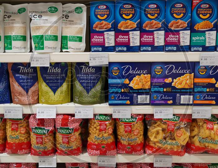 Dubai Uae December 2019 - Selection Of Italian Pasta On The Shelves In A Supermarket. Pasta Aisle With Shelves In A Supermarket. 