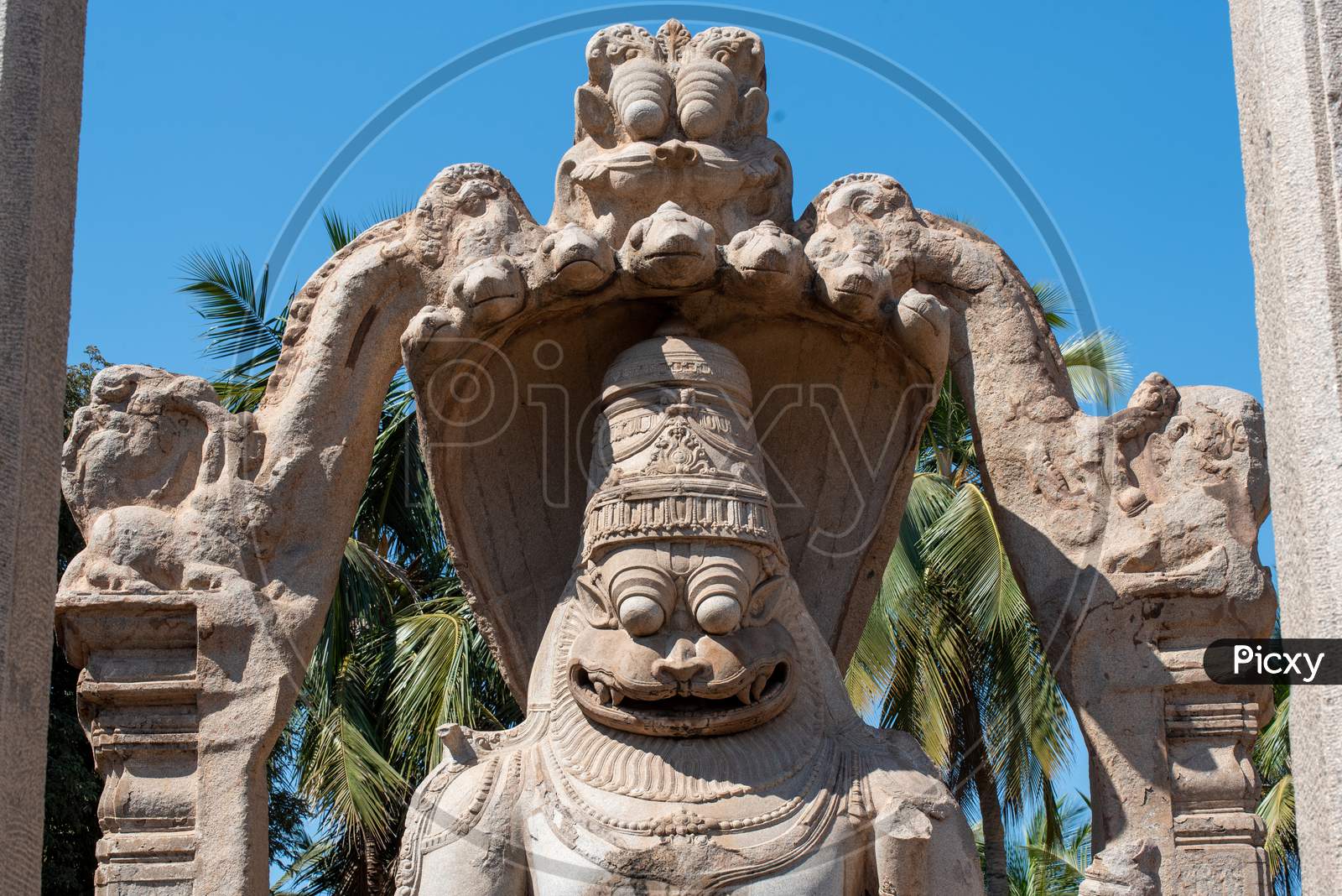 Close up shot of Narasimha Swamy Idol in Hampi